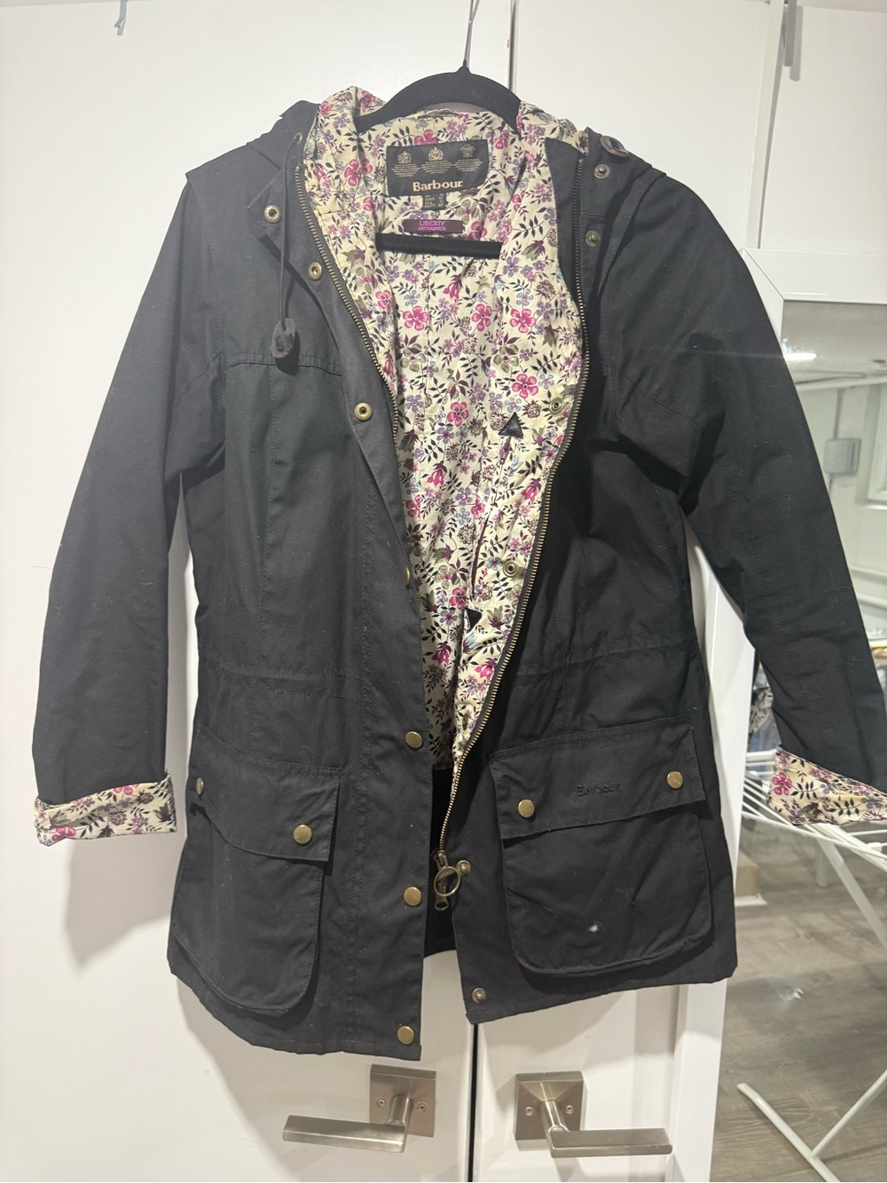 Barbour Black Hooded Waxed Utility Jacket with Liberty Lining